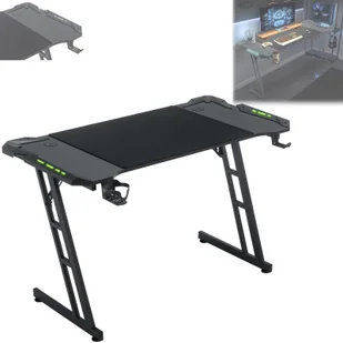 Biurko gamingowe ACXIN z LED, biurko komputerowe 140 x 60 cm z haczykiem na słuchawki i uchwytem na kubek, konstrukcja w kształcie litery Z, biurko gamingowe z włókna węglowego w kolorze czarnym - Biurka gamingowe - miniaturka - grafika 1