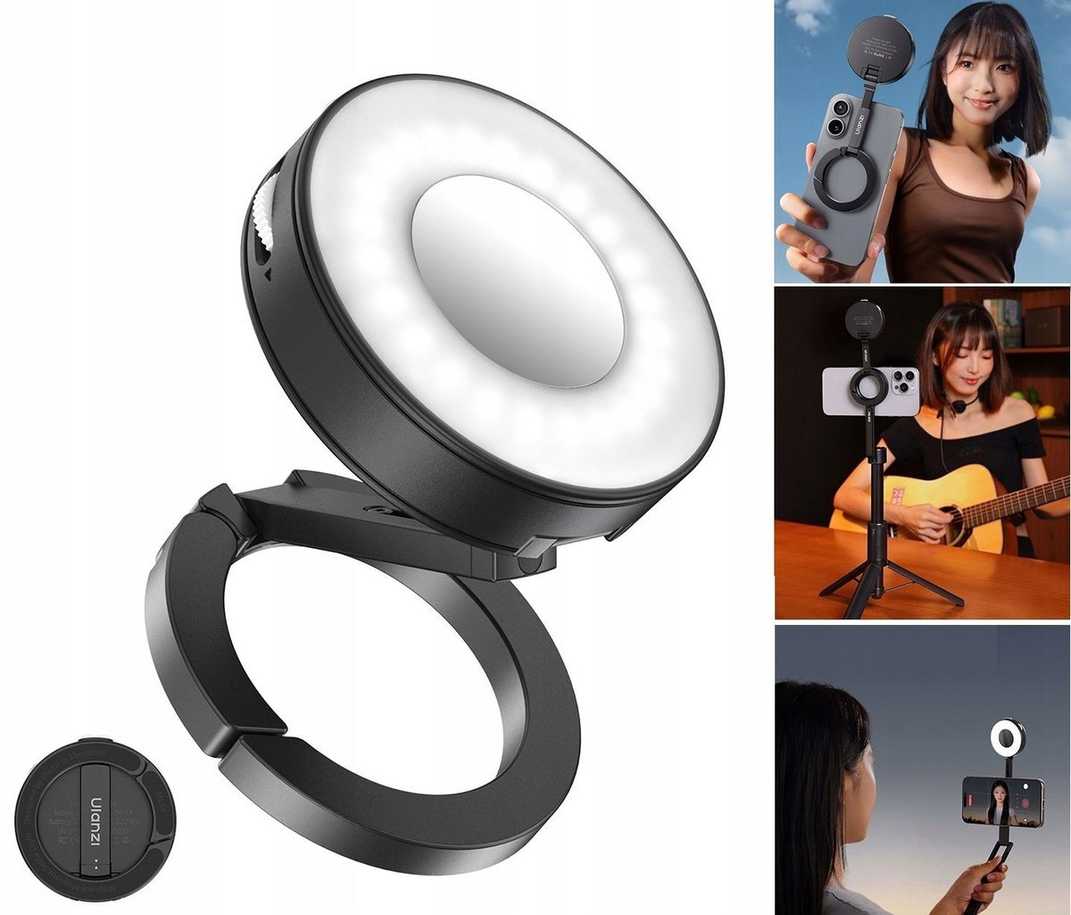 Lampa Lampka Led + Lusterko Magnes Magsafe Do Telefonu Selfie Vlog Ulanzi / Ml05 / Czarny