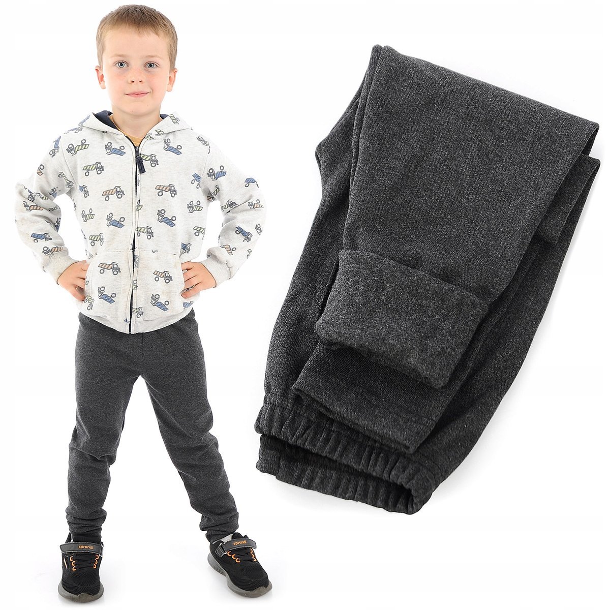 Ocieplane elastyczne Legginsy chłopięce Bawełniane Spodnie Grafitowe 146