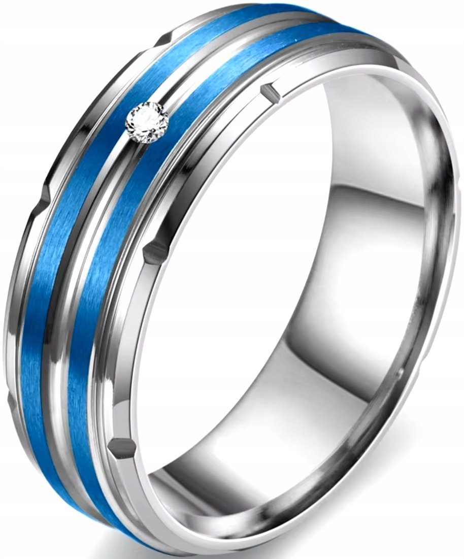 Srebrny Pierścień Niebieski z Brylantem Cyrkonia Sygnet Stal Szlachetna