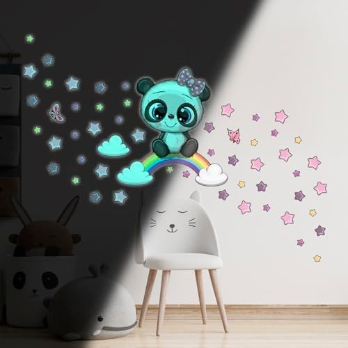 Ambiance Sticker Świecąca fosforyzująca naklejka ścienna dziecięca fluorescencyjna panda na tęczy - wys. 30 x dł. 30 cm