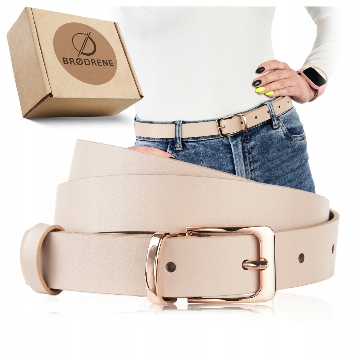 Pasek Skórzany Damski Klasyczny ze Skóry Naturalnej Beżowy Klamerka 105cm