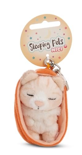 NICI 61607 Sleeping Pets breloczek kotek w koszyczku, wierny towarzysz do plecaka lub torby, zawieszka do kluczy dla małych i dużych, 8 cm, beżowy