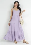 Sukienki - Fioletowa Sukienka z Wiskozy na Ramiączkach z Falbanką Graesa - miniaturka - grafika 1