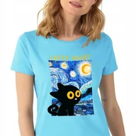 Koszulki i topy damskie - KOSZULKA DAMSKA TURKUS NA PREZENT DLA MIŁOŚNIKA KOTÓW CATTY NIGHT WZORY - S - miniaturka - grafika 1