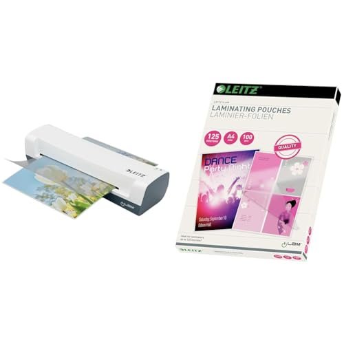 Leitz 74310001 Laminator, Biały, A4 & Leitz 74300002 Folia Do Laminatorów, Bezbarwny, 100 Sztuk