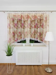 DELIKATNA FIRANA Z ORGANZY FIRANKI W KWIATY BEŻOWA NA TAŚMIE DO KUCHNI - Firany - miniaturka - grafika 1