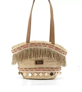 Koszyk ręcznie pleciony z rafii Simosastre beżowy średniej wielkości z frędzlami i ozdobami - Torebki damskie Koszyk ręcznie pleciony z rafii Simosastre beżowy średniej wielkości z frędzlami i ozdobami - Torebki damskie - miniaturka - grafika 1