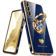 Etui i futerały do telefonów - Nonional Etui do Samsung Galaxy S22 5G, obracany o 360° uchwyt pierścieniowy [luksusowy wzór serc] platerowany złotą krawędzią smukłe miękkie etui na telefon do Galaxy S22 - niebieskie - miniaturka - grafika 1