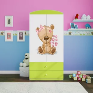 Szafa dwudrzwiowa, do pokoju dziecka, babydreams, 90 cm, miś z kwiatkami, zielona - Szafy i szafki dla dzieci - miniaturka - grafika 1