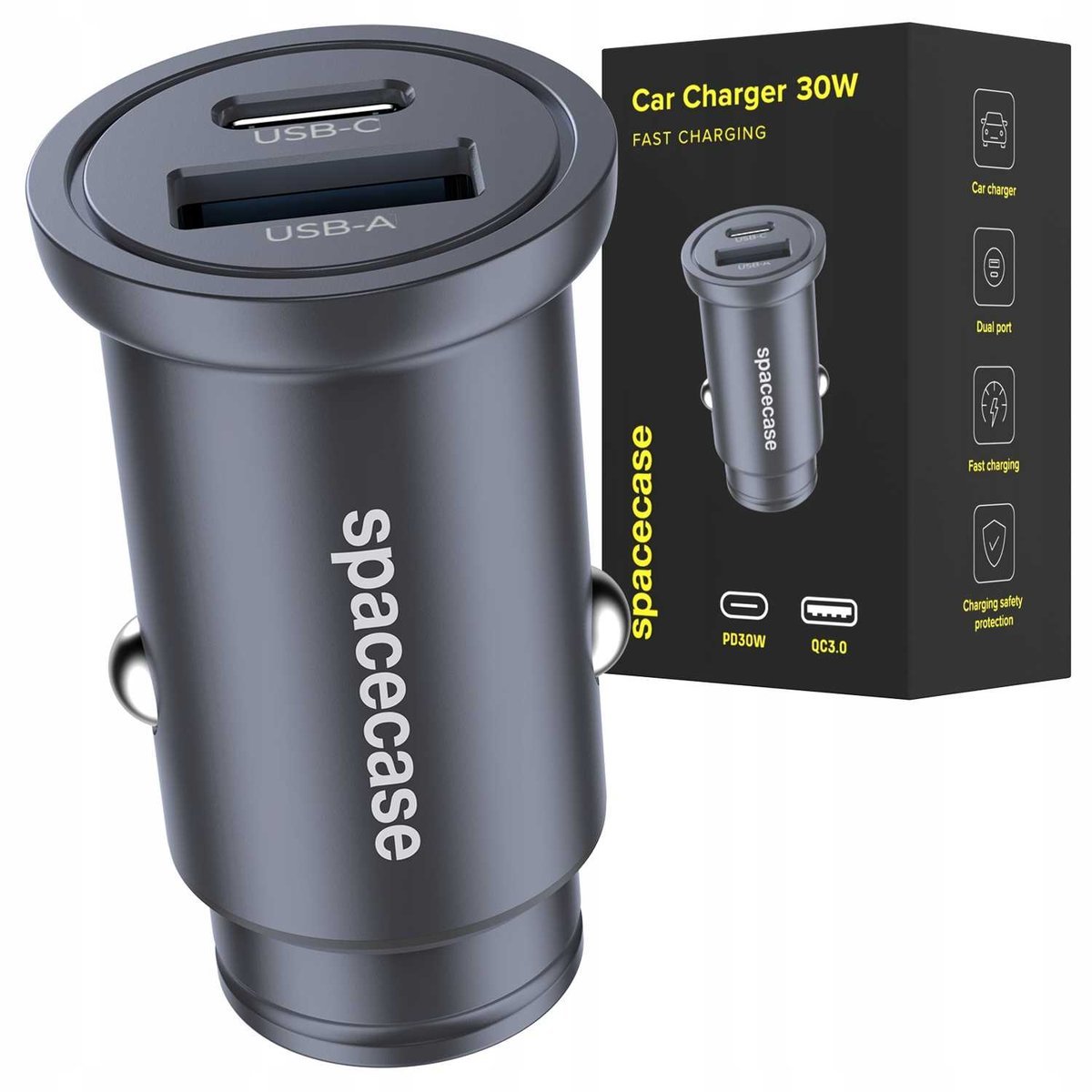 SZYBKA ŁADOWARKA SAMOCHODOWA MINI USB USB-C TYPU C PD QC 3.0 ALUMINIOWA 30W