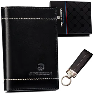 Eleganckie męskie etui na kart ze skóry naturalnej czarne zestaw etui + brelok na prezent PETERSON - Etui na dokumenty i karty - miniaturka - grafika 1