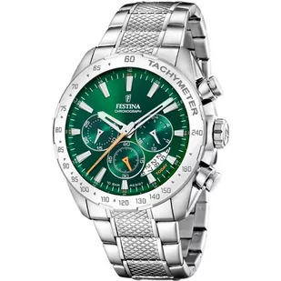 Zegarek Srebrny zegarek Męski Festina 20668/3 Timeless Chronograph z zieloną tarczą - Zegarki męskie - miniaturka - grafika 1