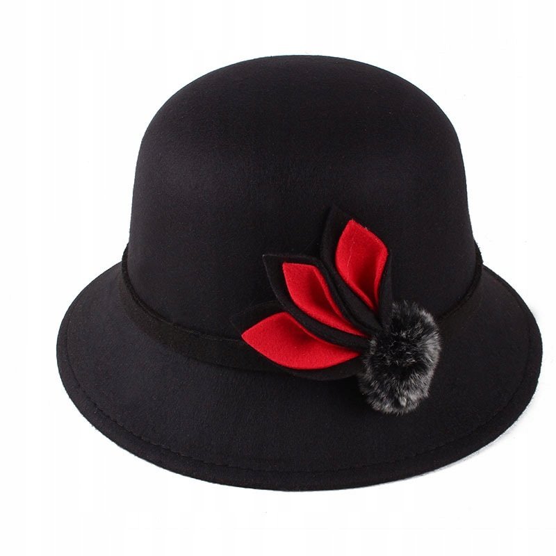 czarny KAPELUSZ damski typu BUCKET elegancki CYLINDER do płaszcza szykowny