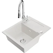 Zlewozmywaki z baterią - Mexen Enzo zlewozmywak granitowy 1-komorowy z ociekaczem i baterią kuchenną Savita, biały - miniaturka - grafika 1