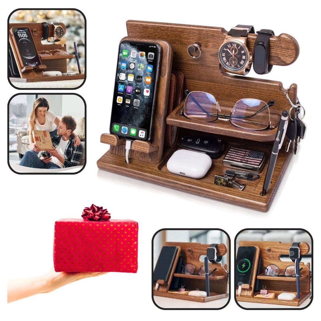 Drewniana stacja dokująca na telefon, stojak na portfel i zegarki Organizer