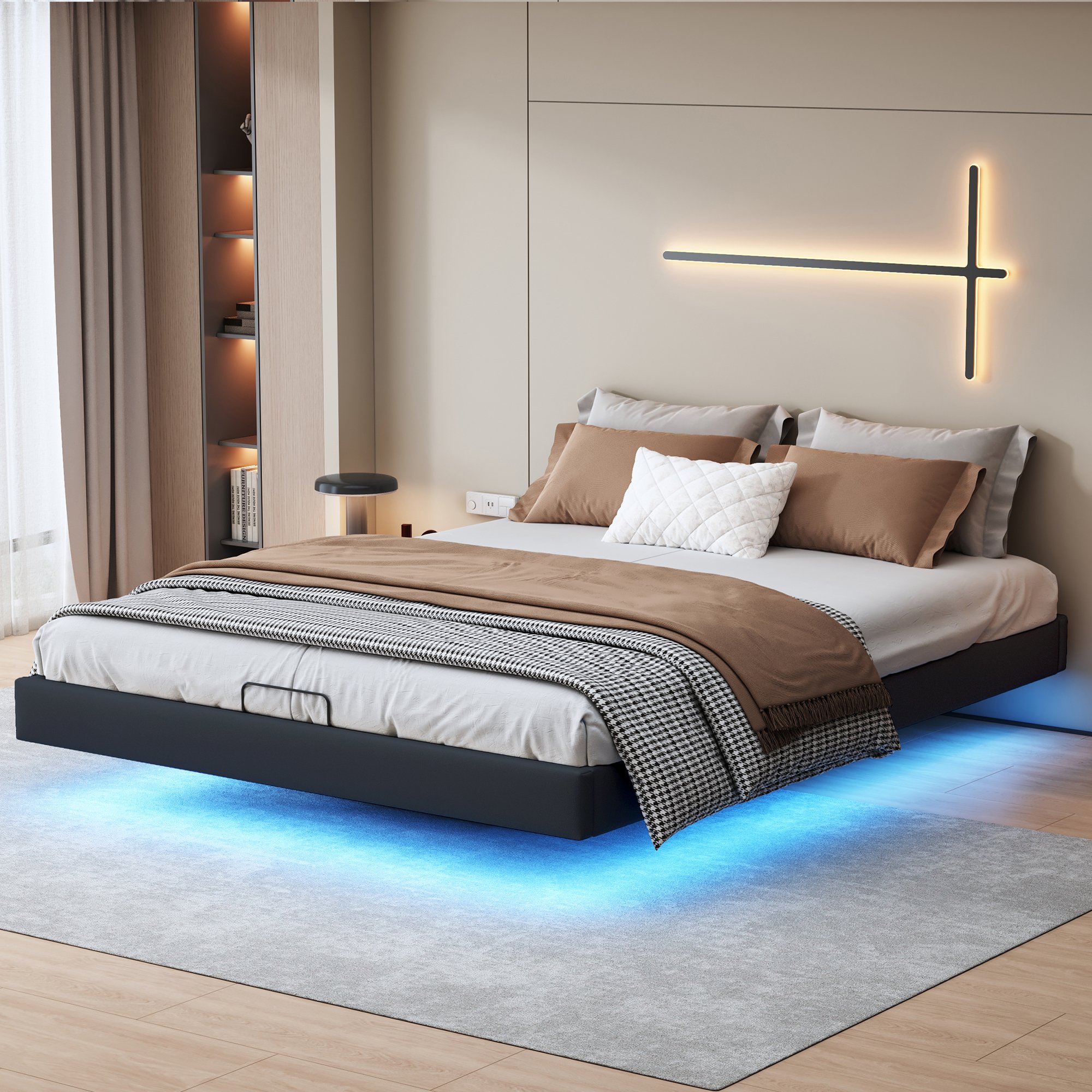 Łóżko tapicerowane Fortuna Lai 160x200cm z LED, rama łóżka lnianego ze stelażem listwowym, ze schowkiem hydraulicznym, łóżko podwójne, łóżko podwójne, prosty montaż, beżowe