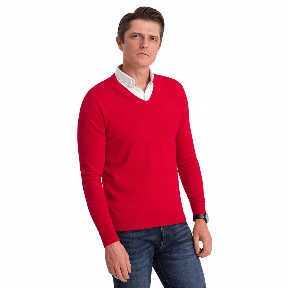 Sweter męski z dekoltem i kołnierzykiem czerwony V4 OM-SWSW-0102 XL