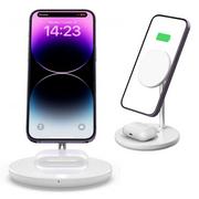 Stacje dokujące do telefonów - 4KOM.PL Ładowarka bezprzewodowa 2w1 QI 15W 2in1 Magnetic MagSafe Wireless Charger do Apple iPhone AirPods Biała - miniaturka - grafika 1