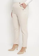 Spodnie damskie - Beżowe Klasyczne Spodnie z Wysoką Talią Ozdobioną Nitami Palmika - miniaturka - grafika 1