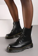 Botki damskie - Czarne Ocieplone Botki Workery na Grubej Podeszwie ze Sznurowaniem Cretine - miniaturka - grafika 1