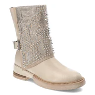 Botki damskie - Beżowe Stylowe Botki Alma en Pena Damskie Buty Z Ćwiekami - miniaturka - grafika 1