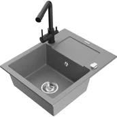 Zlewozmywaki z baterią - Mexen Enzo zlewozmywak granitowy 1-komorowy z ociekaczem i baterią kuchenną Duero, szary - miniaturka - grafika 1