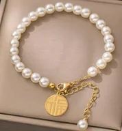 Bransoletki - Złota Luksusowa Bransoletka Perły Elegancka Stal Szlachetna Chirurgiczna - miniaturka - grafika 1