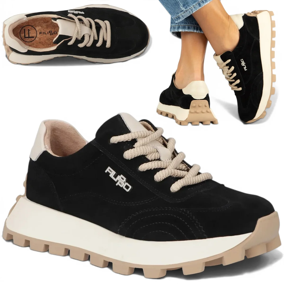 Sneakersy Damskie SKÓRZANE FILIPPO Wiązane Półbuty na Platformie Czarne 37