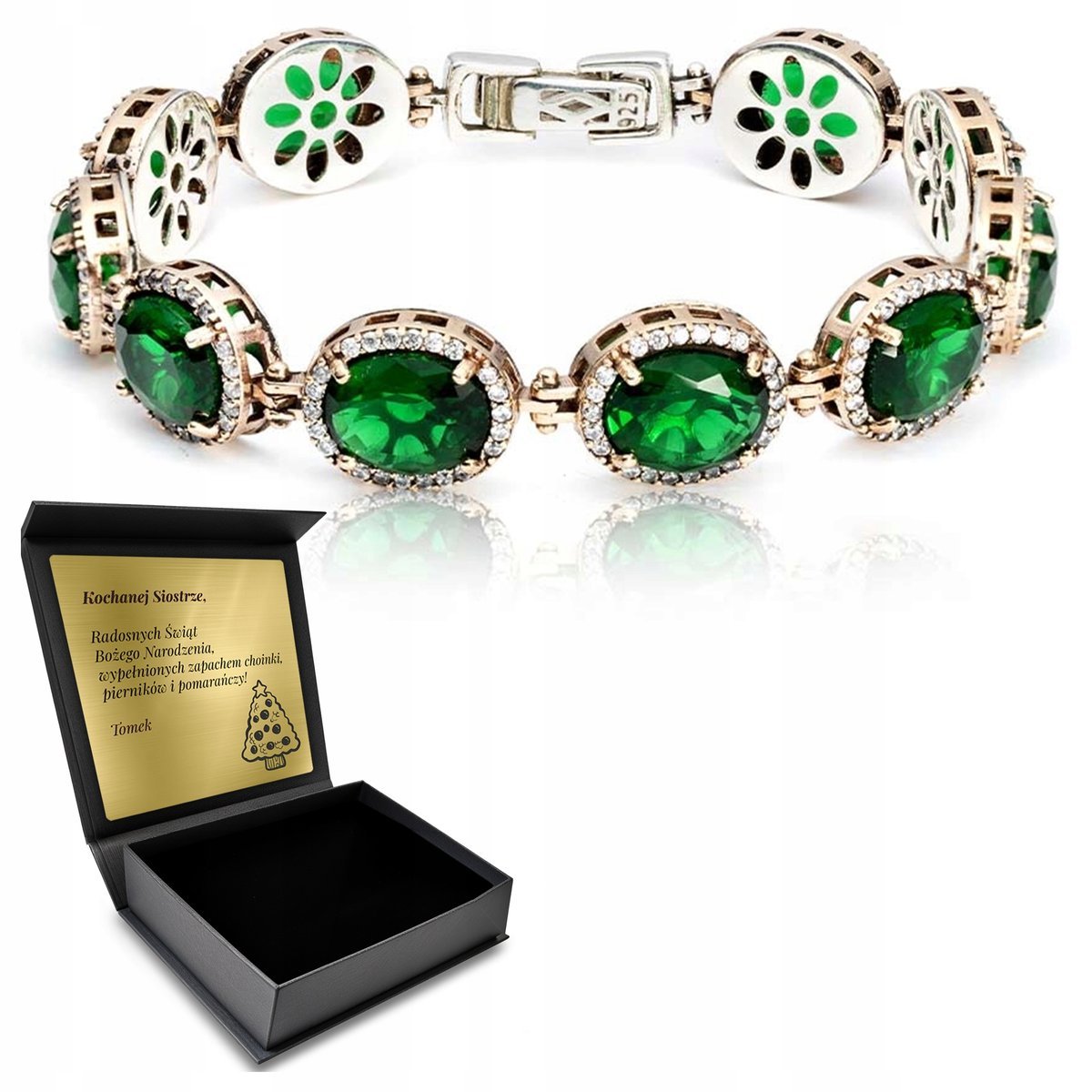 Bransoletka Srebrna Z Cyrkoniami I Szmaragdem Ręcznie Robiona + Grawer