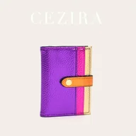 Portfele - TEMU CEZIRA Portfel Damski Bifold - Wegański Fioletowo-Różowy Etui na Karty z Złotymi Klipsami, Kompaktowa Torebka wielofunkcyjna do Gotówki/Dowodów - miniaturka - grafika 1