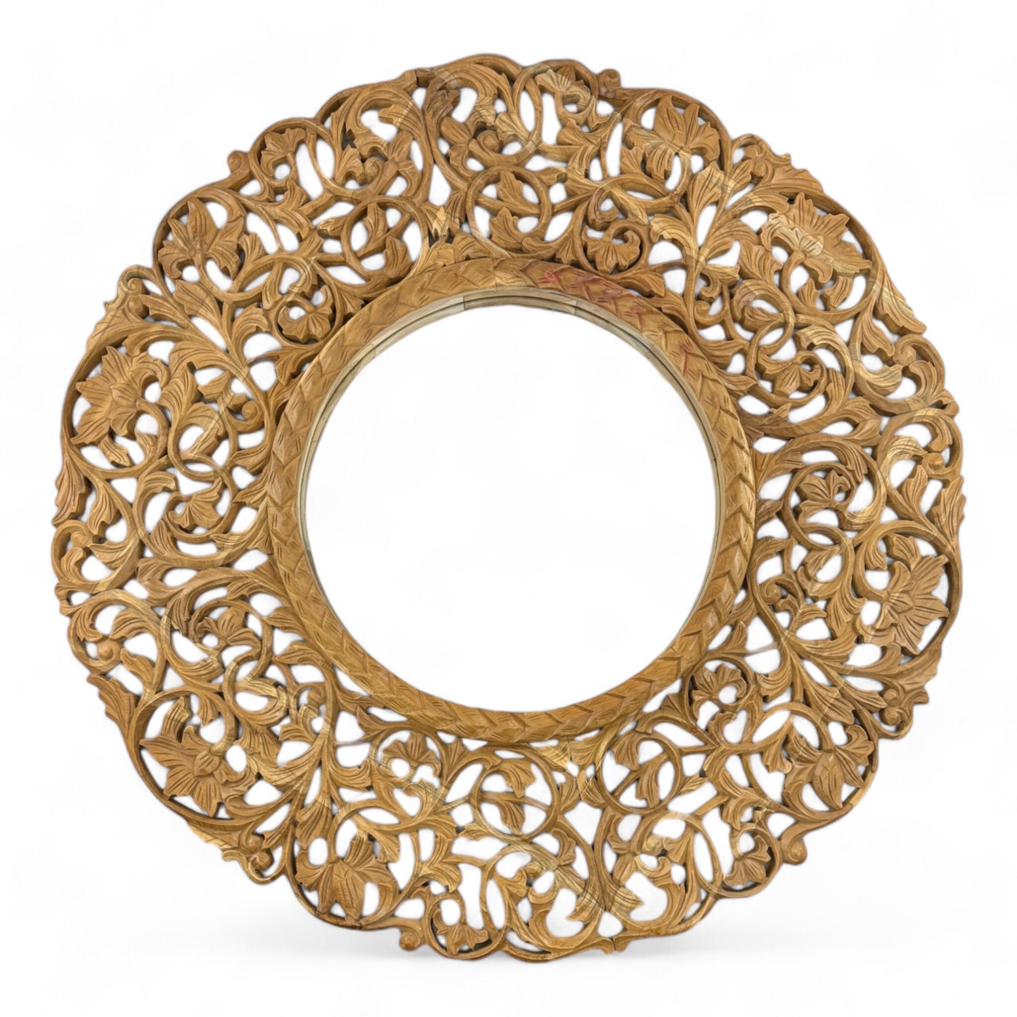 Lustro z drewna tekowego - Wiszące lustro ścienne - Ręcznie rzeźbiony wzór - 108 cm