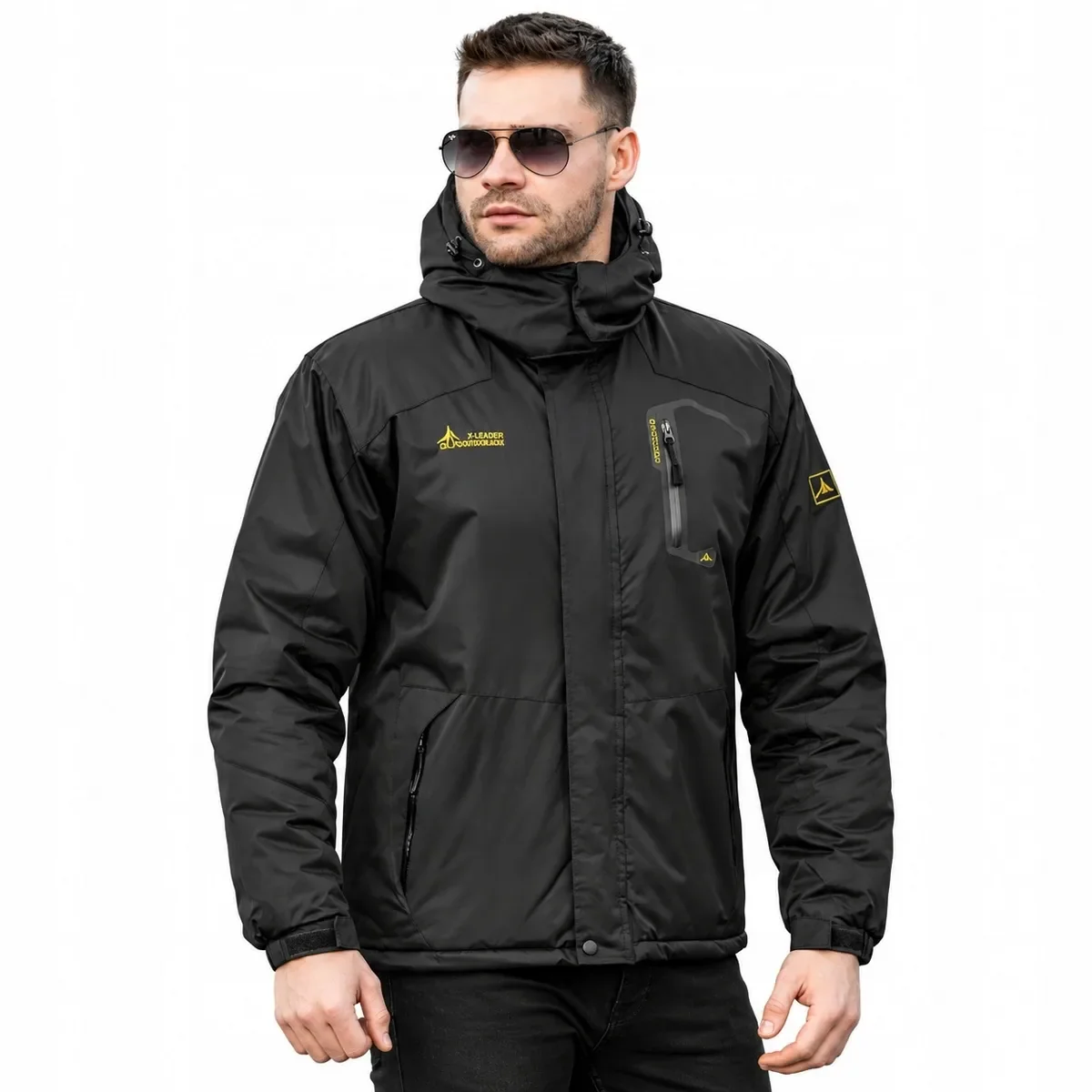 KURTKA MĘSKA ZIMOWA OCIEPLANA Z KAPTUREM OUTDOOR - CZARNA - 3XL odzież wierzchnia z poliestru, wypełnienie syntetyczne, zapinana na zamek