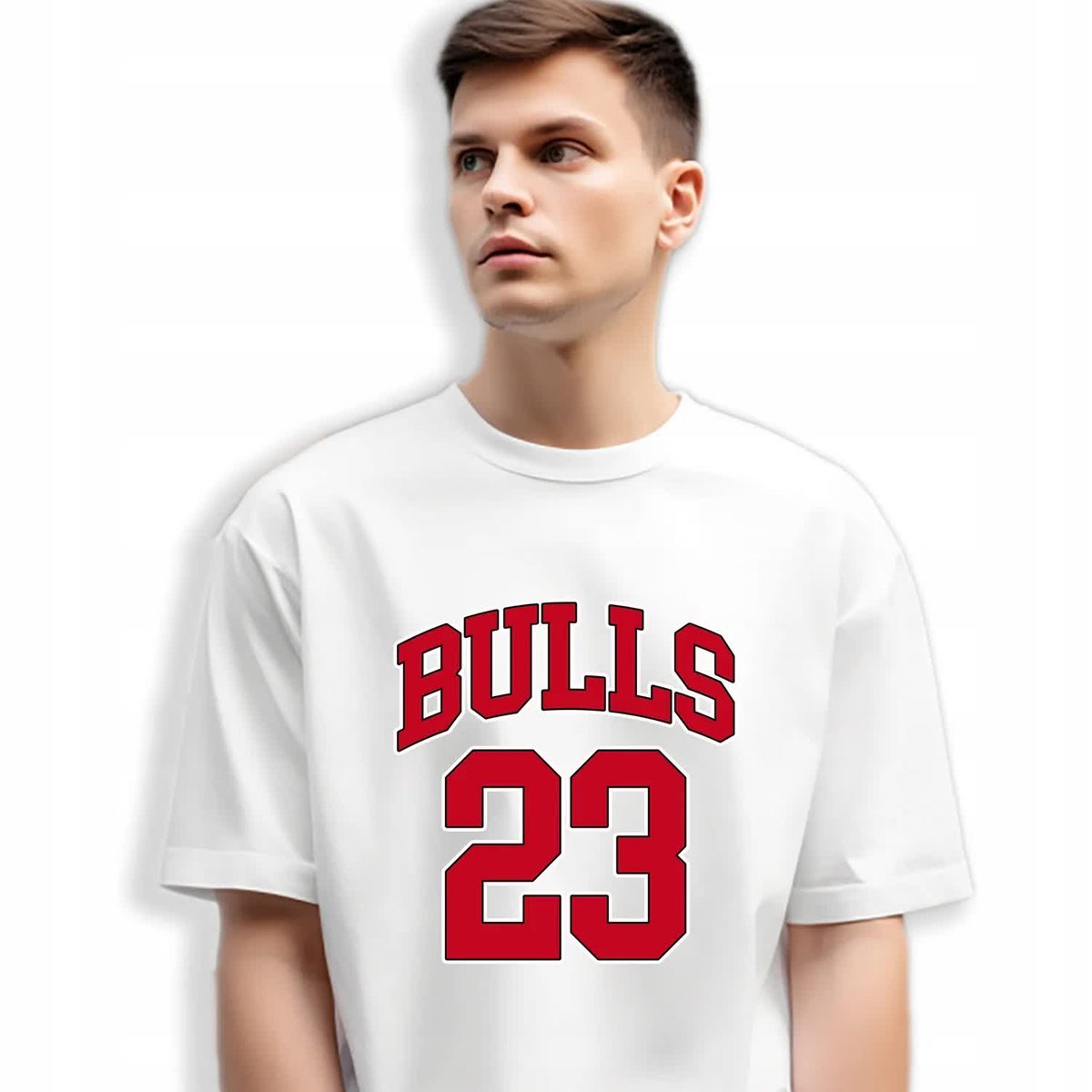 Koszulka Biała Męska T-Shirt BULLS 23 Koszykówka Sportowe Wzory - S