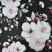 Pasmanteria - Tkanina bawełniana kwiaty jabłoni duże różowo białe na czarnym tle - miniaturka - grafika 1
