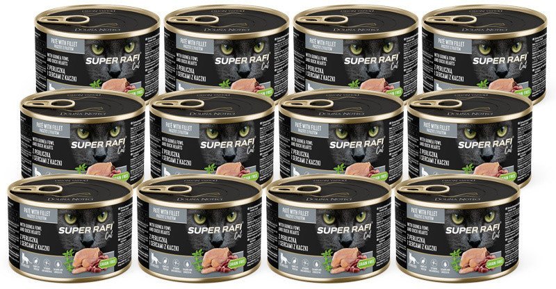 Karma mokra dla kotów sterylizowanych Super Rafi Cat z perliczką i sercami z kaczki zestaw 12 x 185 g