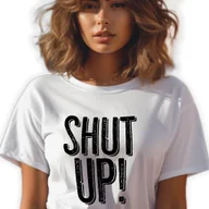 Zestawy upominkowe - BIAŁA KOSZULKA DAMSKA Krótki Rękaw SHUT UP! Zabawne Wzory Rozmiar XS - miniaturka - grafika 1