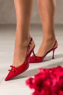 Czółenka - Czerwone czółenka damskie lakierowane szpilki z odkrytą piętą obcas kieliszek kokardki na cholewce Carla 496-66 - miniaturka - grafika 1