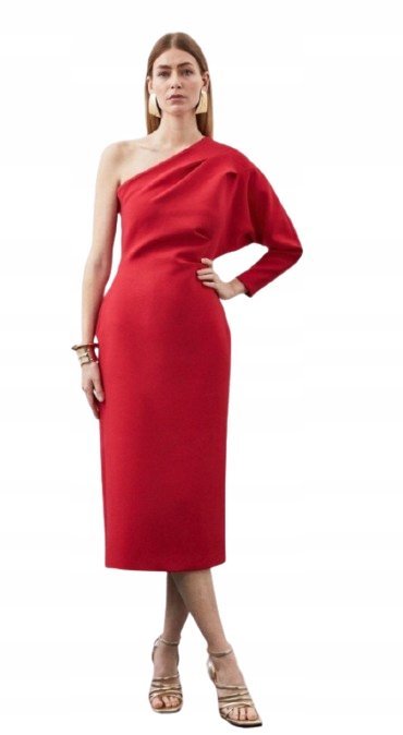KAREN MILLEN CZERWONA SUKIENKA MIDI NA JEDNO RAMIĘ Z DŁUGIM RĘKAWEM 40 B1C