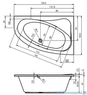 Riho Lyra wanna asymetryczna 153,5x100,5cm lewa nóżki+syfon BA68/08/AMC55 - Wanny - miniaturka - grafika 2