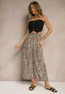 Spodnie damskie - Czarno-Beżowe Spodnie Wide Leg z Gumką w Talii w Panterkowy Wzór Filanira - miniaturka - grafika 1
