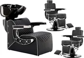 Meble fryzjerskie - Connor zestaw myjnia fryzjerska i 2x fotel barberski hydrauliczny obrotowy podnóżek do salonu fryzjerskiego myjka ruchoma misa ceramiczna armatura bateria słuchawka - miniaturka - grafika 1