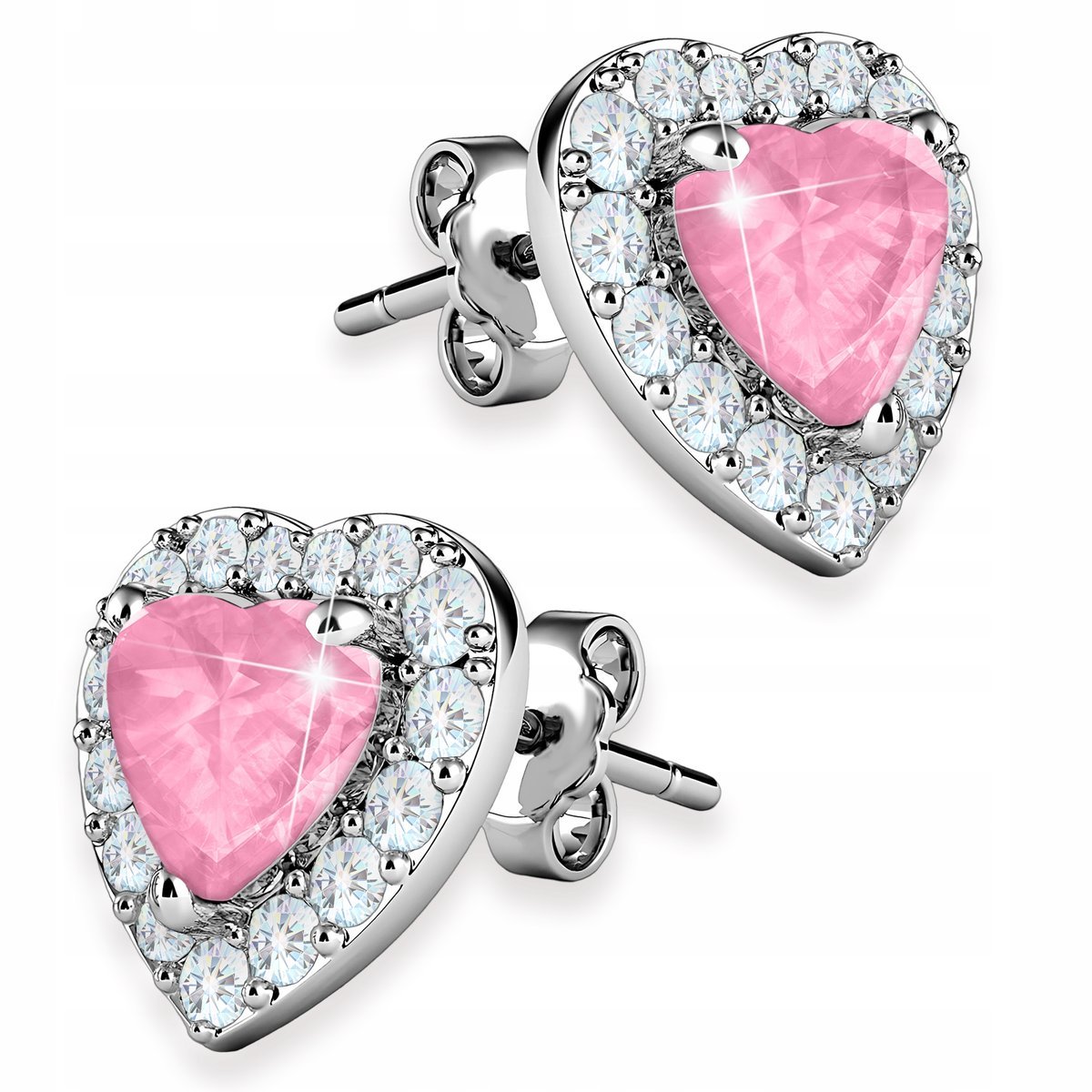 Kolczyki Srebrne Serduszka Kryształy Różowe Kryształowe Serca SREBRO 925