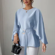 Koszule damskie - TEMU Elegancka Zielona Bluza z Długim Rękawem i Paskiem - Szykowny Okrągły Dekolt, Rozcięty Dołek, Luźny Krój dla Kobiet - Idealna na /Jesienną - miniaturka - grafika 1