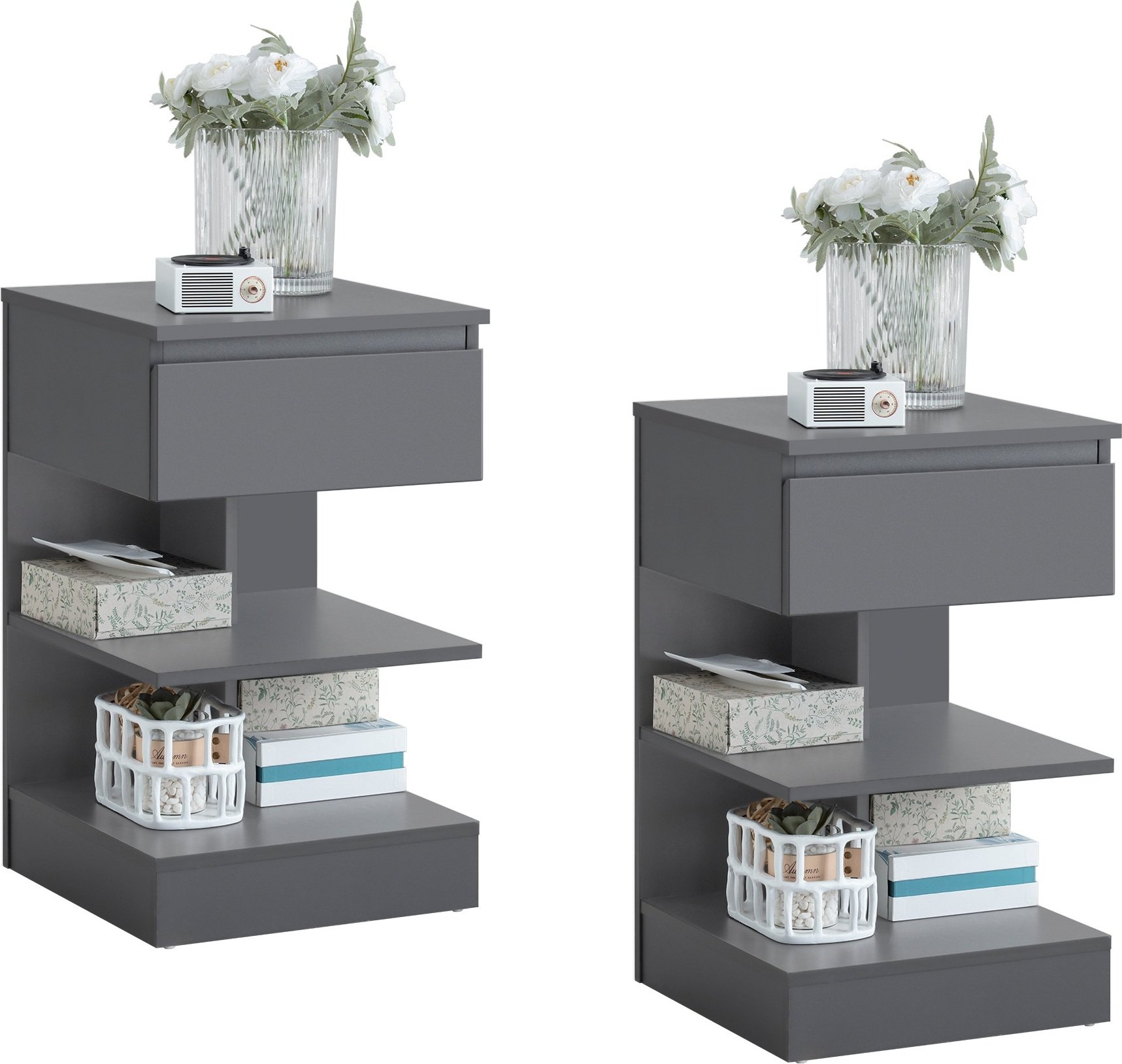 SoBuy FBT49-HGx2 Stolik nocny zestaw 2 stolików nocnych 2 sztuki szafka nocna komoda z 1 szufladą i 3 półkami jasnoszary WHT ok: 39x65x39cm