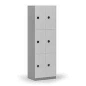Szafki biurowe - Drewniana szafka skrytkowa, 6 schowków, zamek kodowy, szary/biały - miniaturka - grafika 1