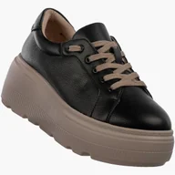 Półbuty damskie - Półbuty Damskie Skórzane Buty Na Platformie Sneakersy Czarny Czarny 37 - miniaturka - grafika 1