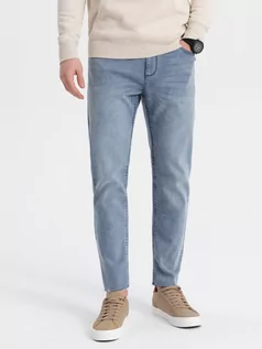 Spodnie męskie - Spodnie męskie jeansowe marmurkowe z surowo wykończoną nogawką SLIM FIT -  jasnoniebieskie V2 OM-PADP-0146 - grafika 1