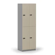 Szafki biurowe - Drewniana szafka skrytkowa, 4 schowki, zamek mechaniczny z kodem, szary/brzoza - miniaturka - grafika 1