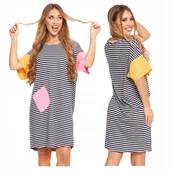 Bielizna nocna - Koszula Nocna Piżama Damska w Paski Krótki Rękaw Bawełniana XXXL MORAJ - miniaturka - grafika 1